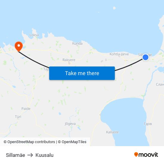 Sillamäe to Kuusalu map