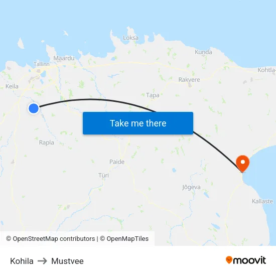 Kohila to Mustvee map