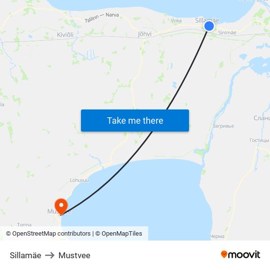 Sillamäe to Mustvee map