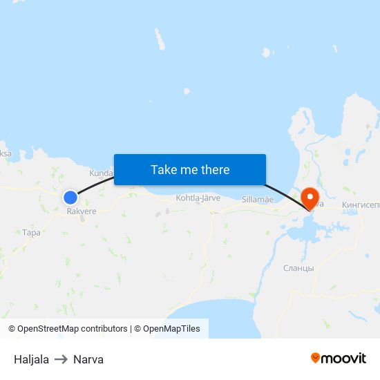 Haljala to Narva map