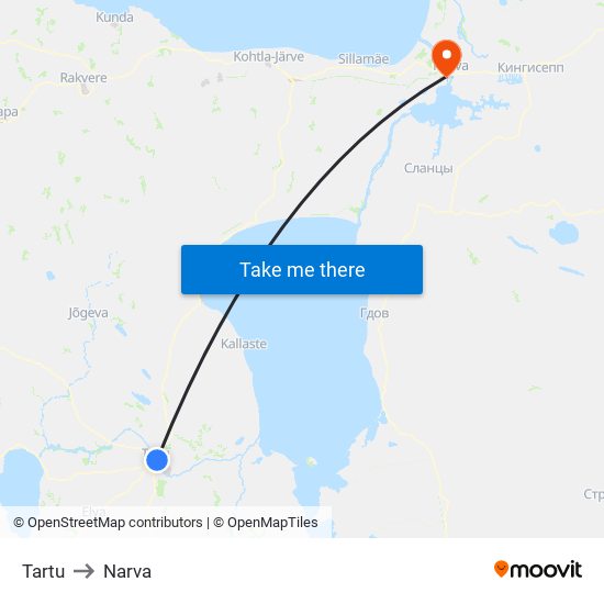 Tartu to Narva map