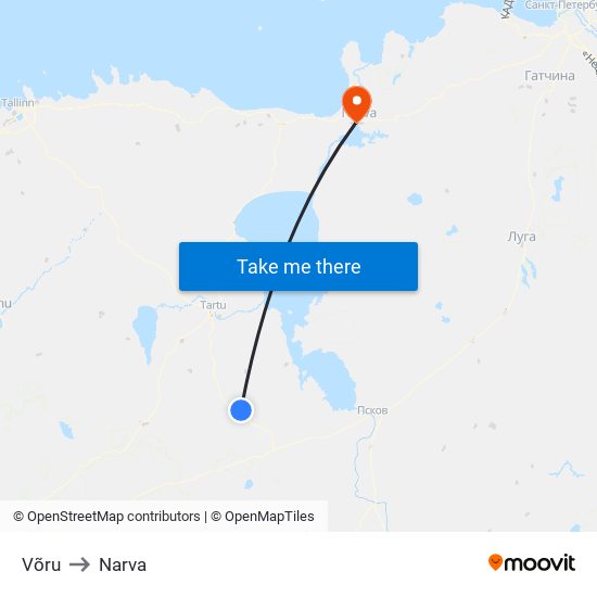 Võru to Narva map