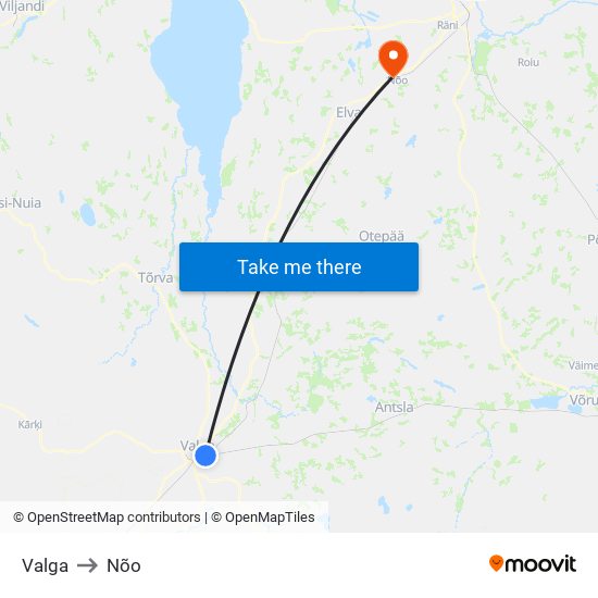 Valga to Nõo map