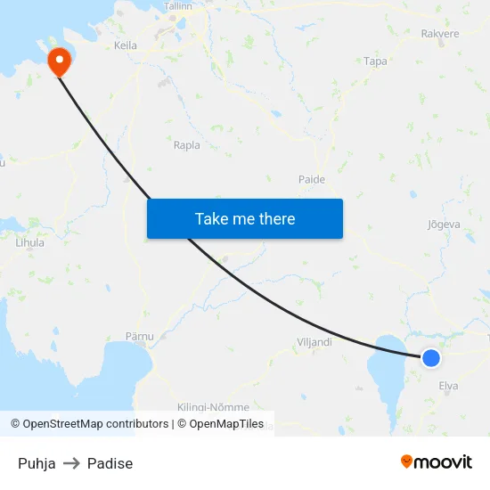 Puhja to Padise map