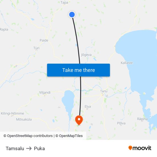 Tamsalu to Puka map