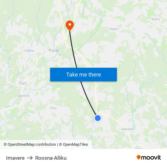 Imavere to Roosna-Alliku map