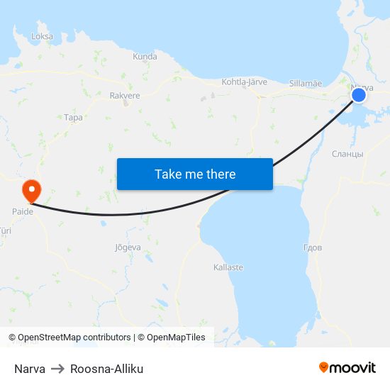 Narva to Roosna-Alliku map