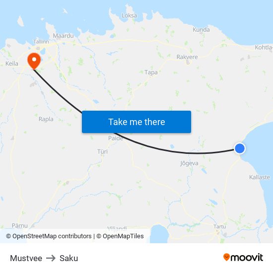 Mustvee to Saku map