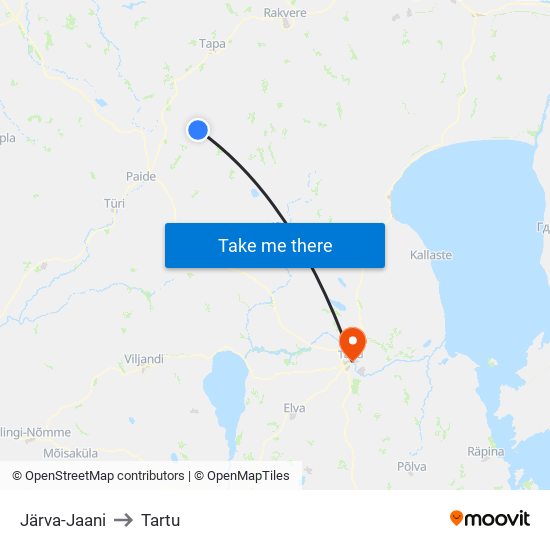 Järva-Jaani to Tartu map