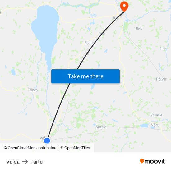 Valga to Tartu map