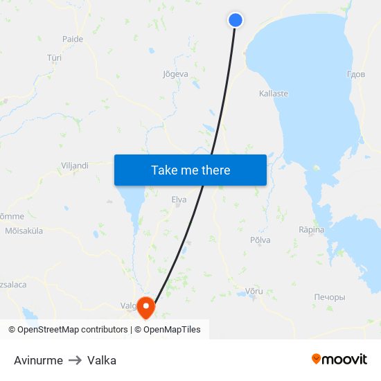 Avinurme to Valka map