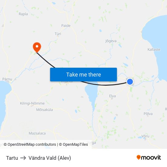 Tartu to Vändra Vald (Alev) map