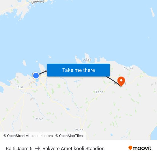 Balti Jaam 6 to Rakvere Ametikooli Staadion map