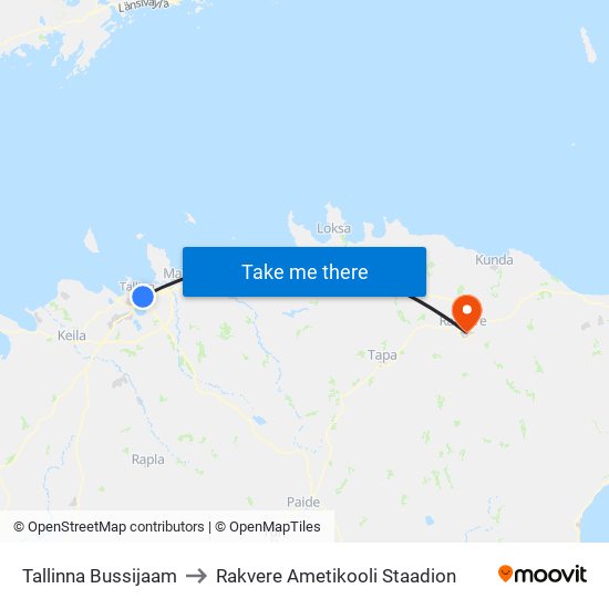 Tallinna Bussijaam to Rakvere Ametikooli Staadion map