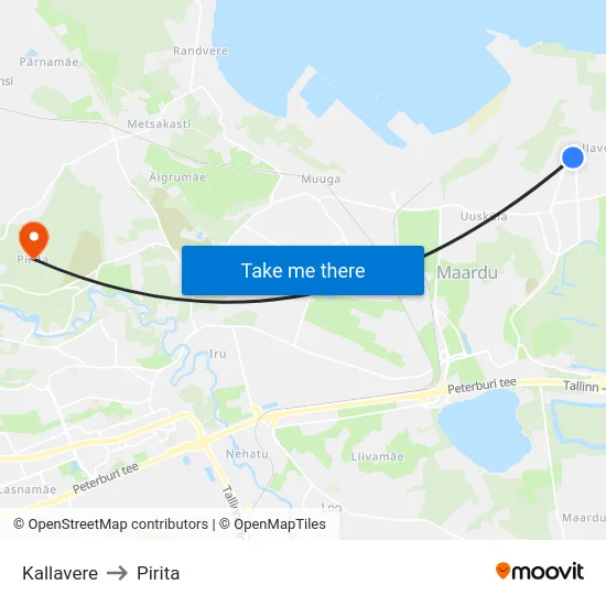 Kallavere to Pirita map