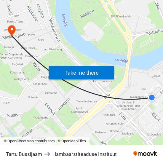 Tartu Bussijaam to Hambaarstiteaduse Instituut map