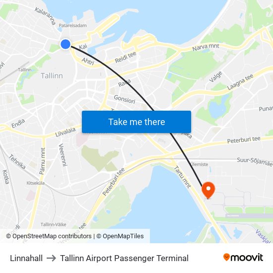 Linnahall to Tallinn Airport Passenger Terminal map