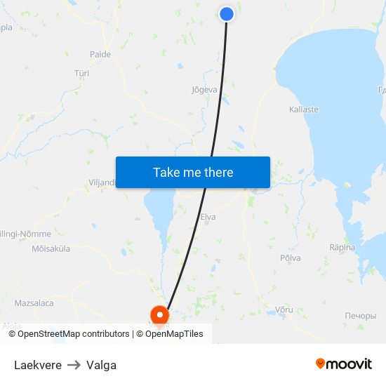 Laekvere to Valga map