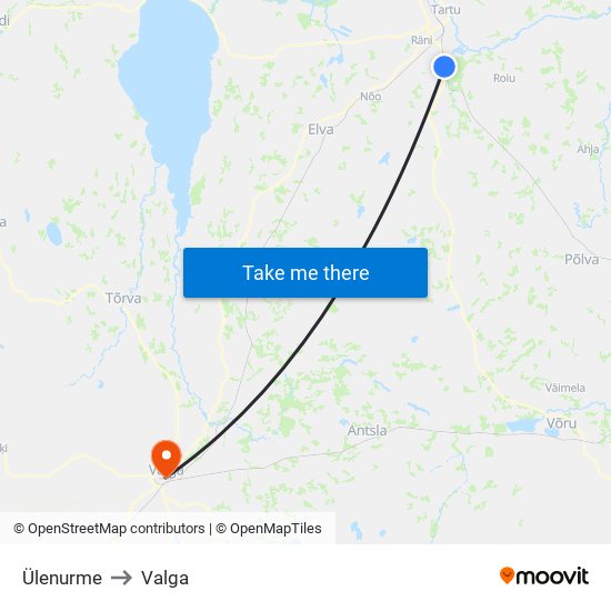 Ülenurme to Valga map