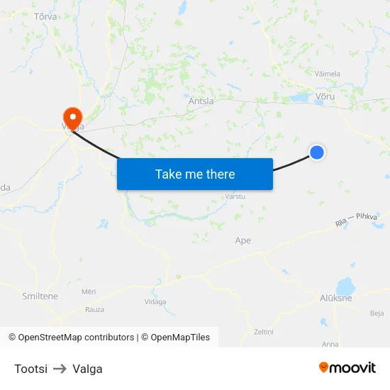 Tootsi to Valga map