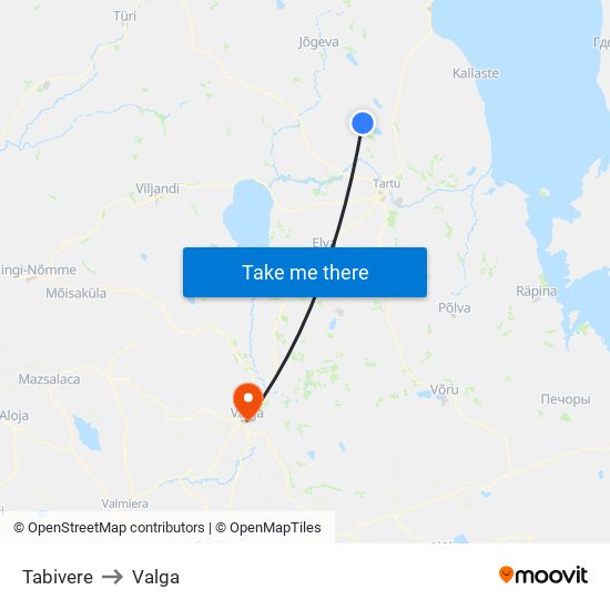 Tabivere to Valga map