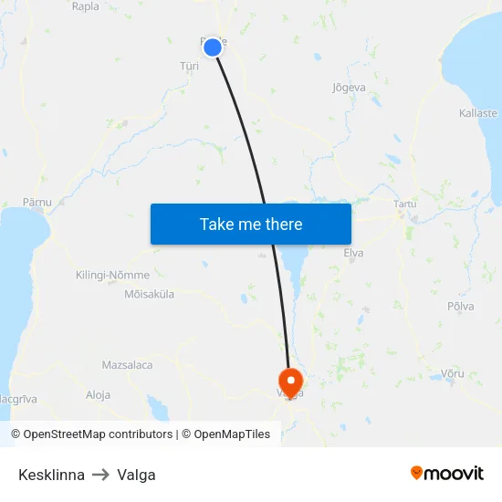 Kesklinna to Valga map