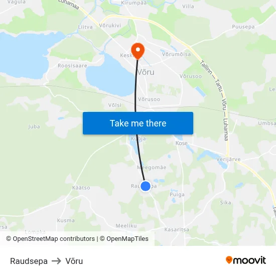Raudsepa to Võru map