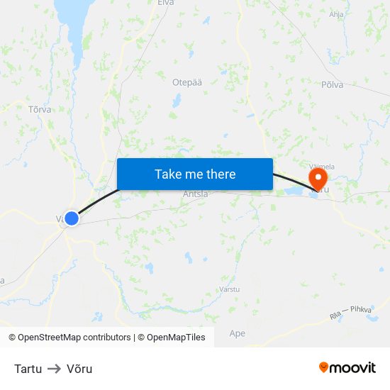 Tartu to Võru map