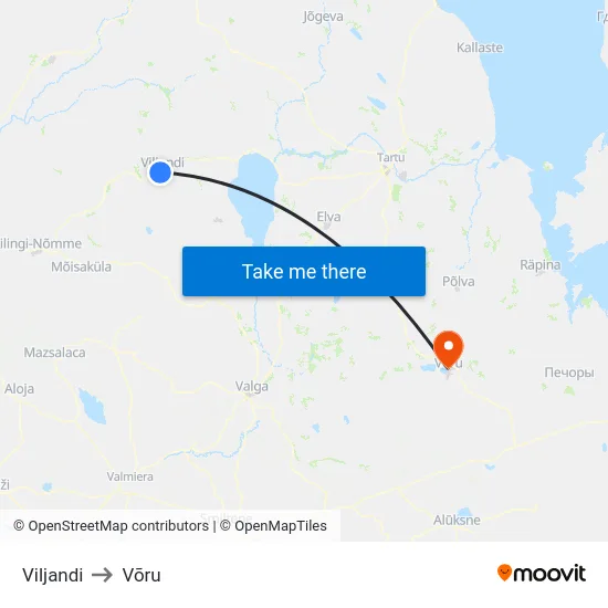 Viljandi to Võru map