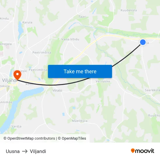 Uusna to Viljandi map