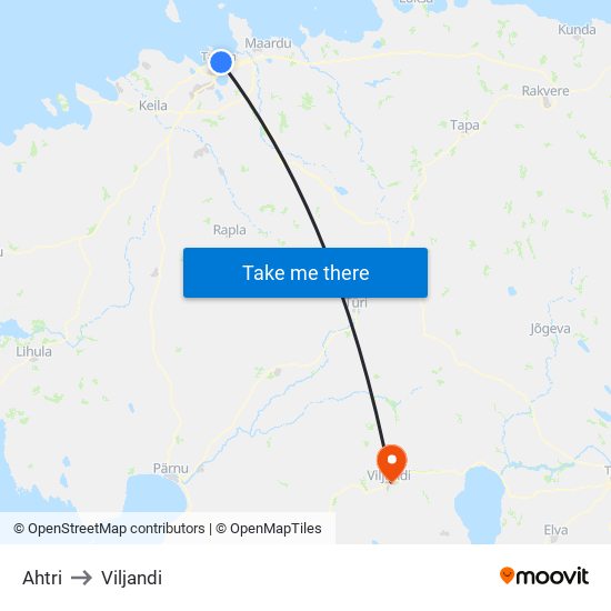 Ahtri to Viljandi map