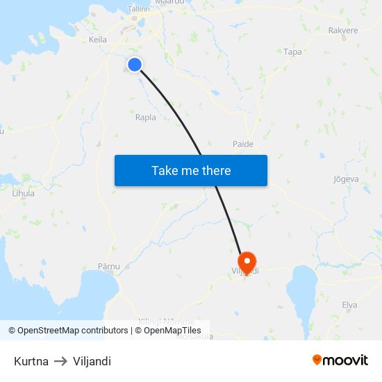 Kurtna to Viljandi map