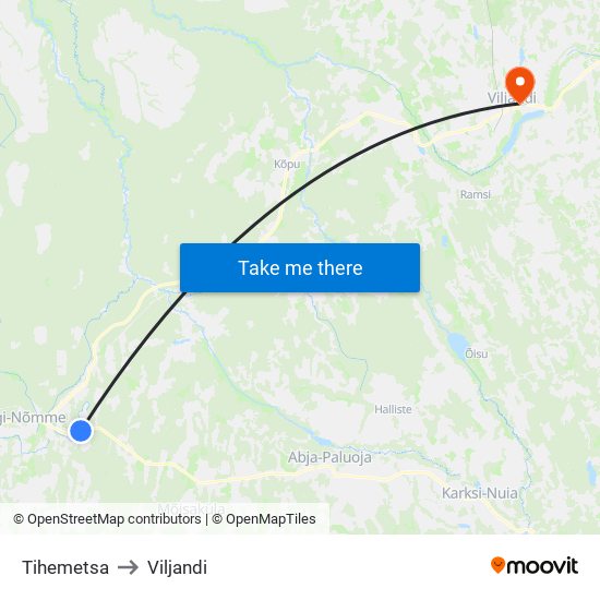 Tihemetsa to Viljandi map