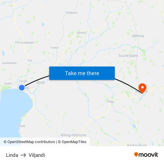 Linda to Viljandi map