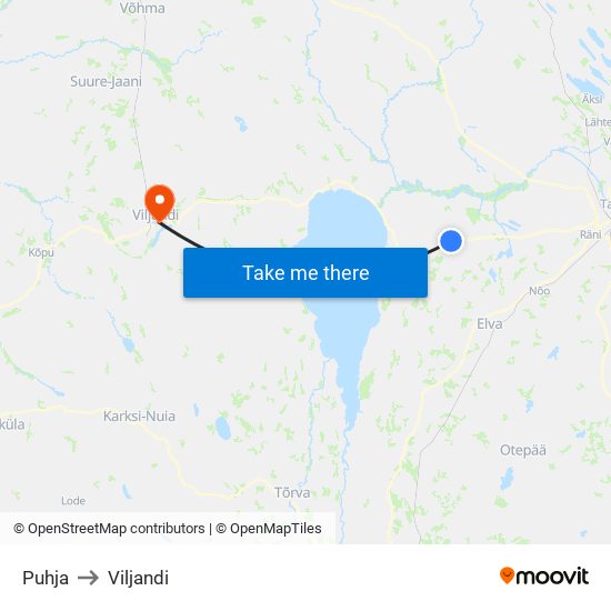 Puhja to Viljandi map