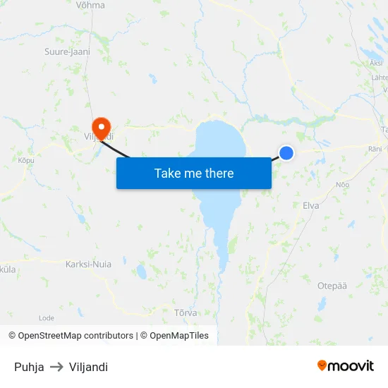Puhja to Viljandi map