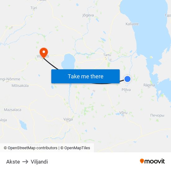 Akste to Viljandi map