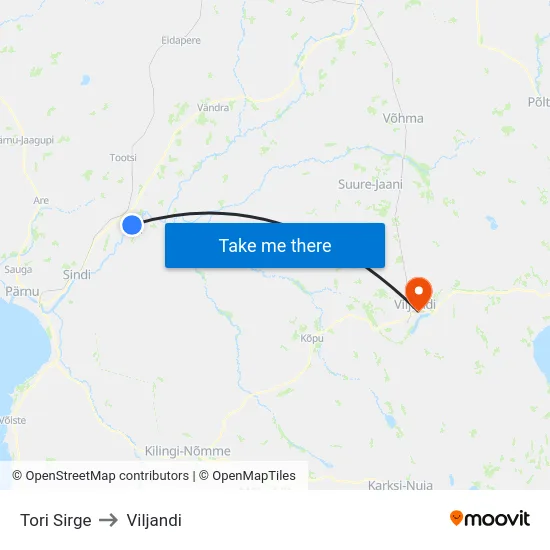 Tori Sirge to Viljandi map