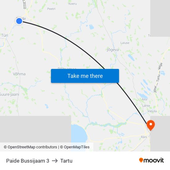 Paide Bussijaam 3 to Tartu map