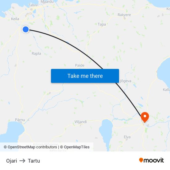 Ojari to Tartu map