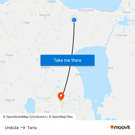 Uniküla to Tartu map