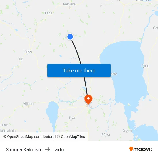 Simuna Kalmistu to Tartu map