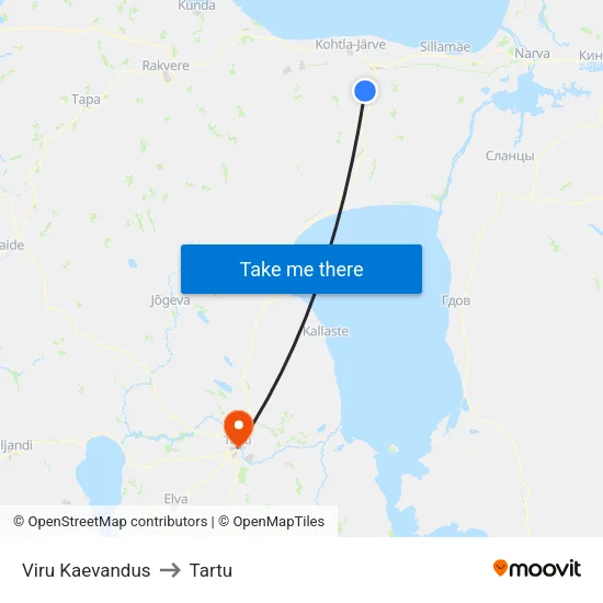 Viru Kaevandus to Tartu map