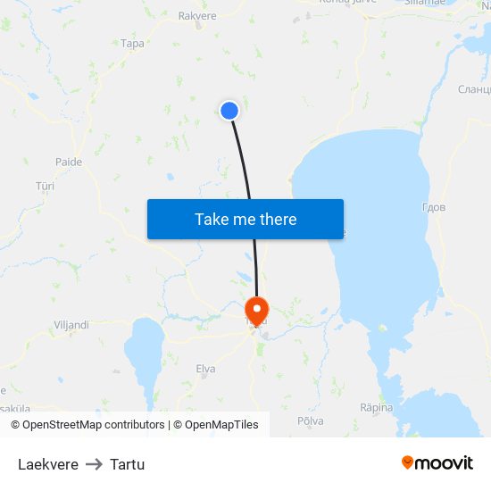 Laekvere to Tartu map