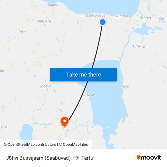 Jõhvi Bussijaam (Saabuvad) to Tartu map