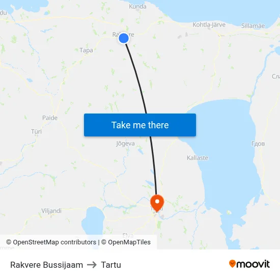 Rakvere Bussijaam to Tartu map