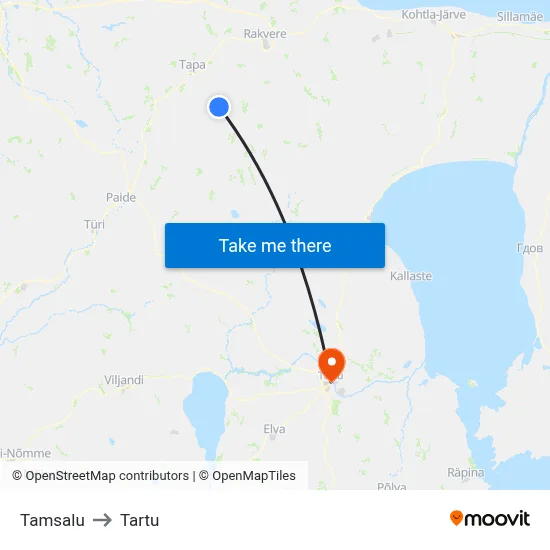 Tamsalu to Tartu map