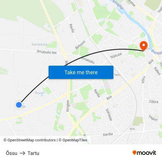 Õssu to Tartu map