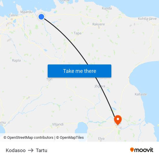 Kodasoo to Tartu map