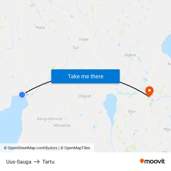 Uus-Sauga to Tartu map